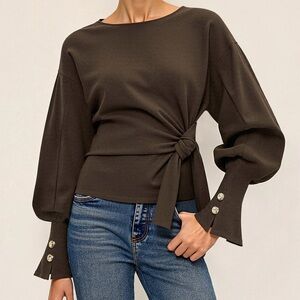 Commense Brown Twist Knot Balloon Sleeve Top Shirt Small NWT